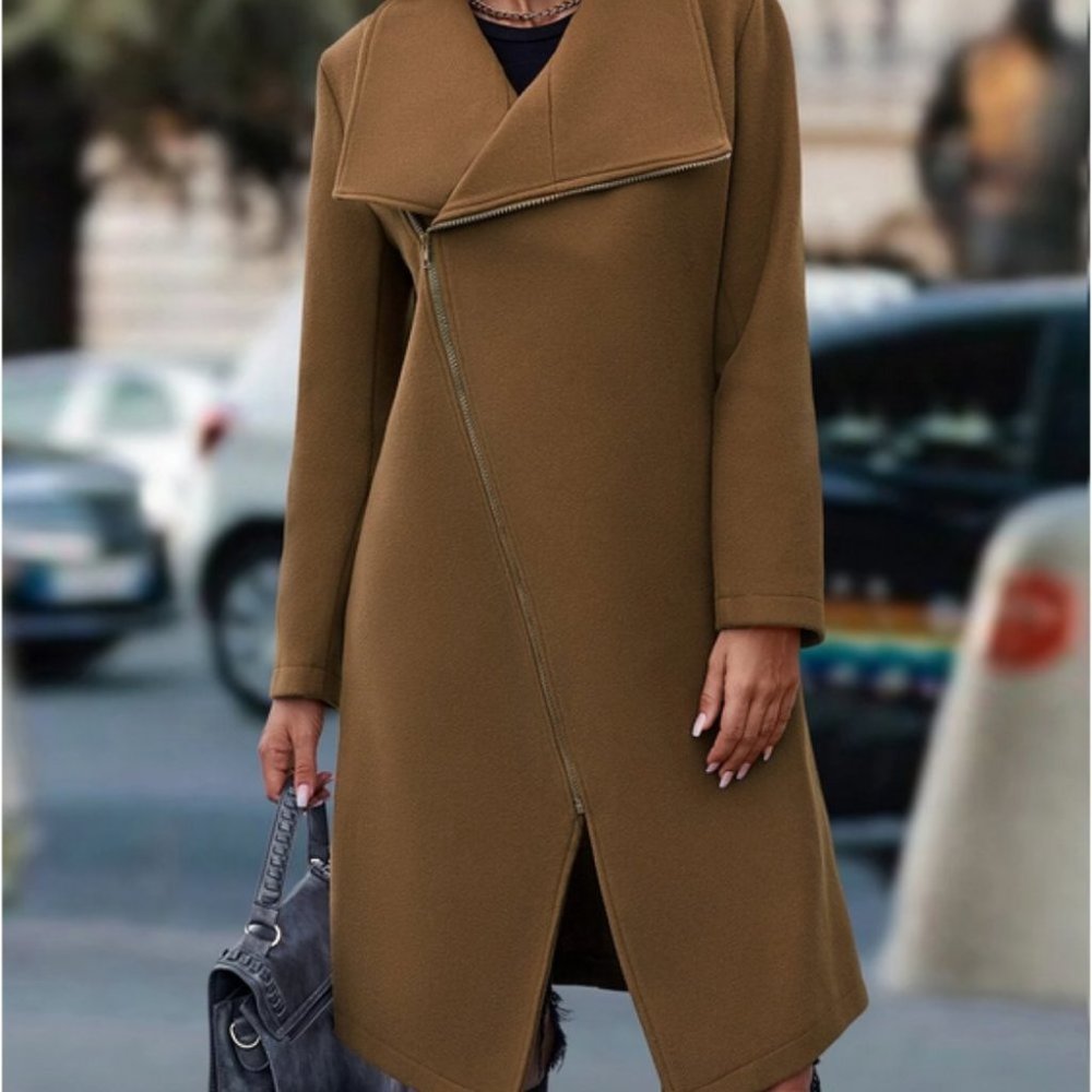 Zipper detailed Waterfall Collar Overcoat Jacket Coat mocha brown - Picture 3 of 4